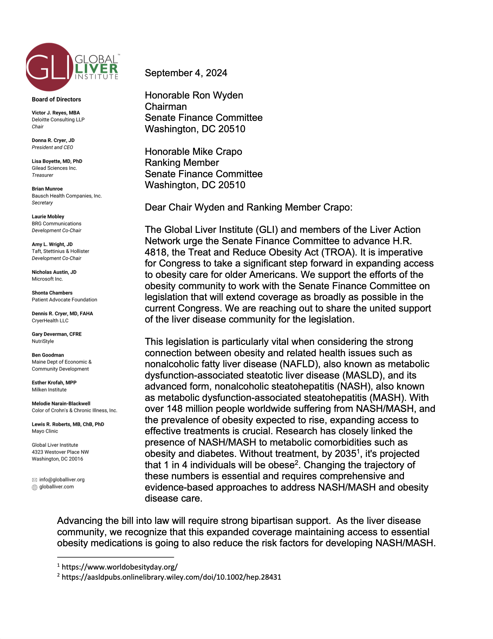 GLI TROA Letter Finance image